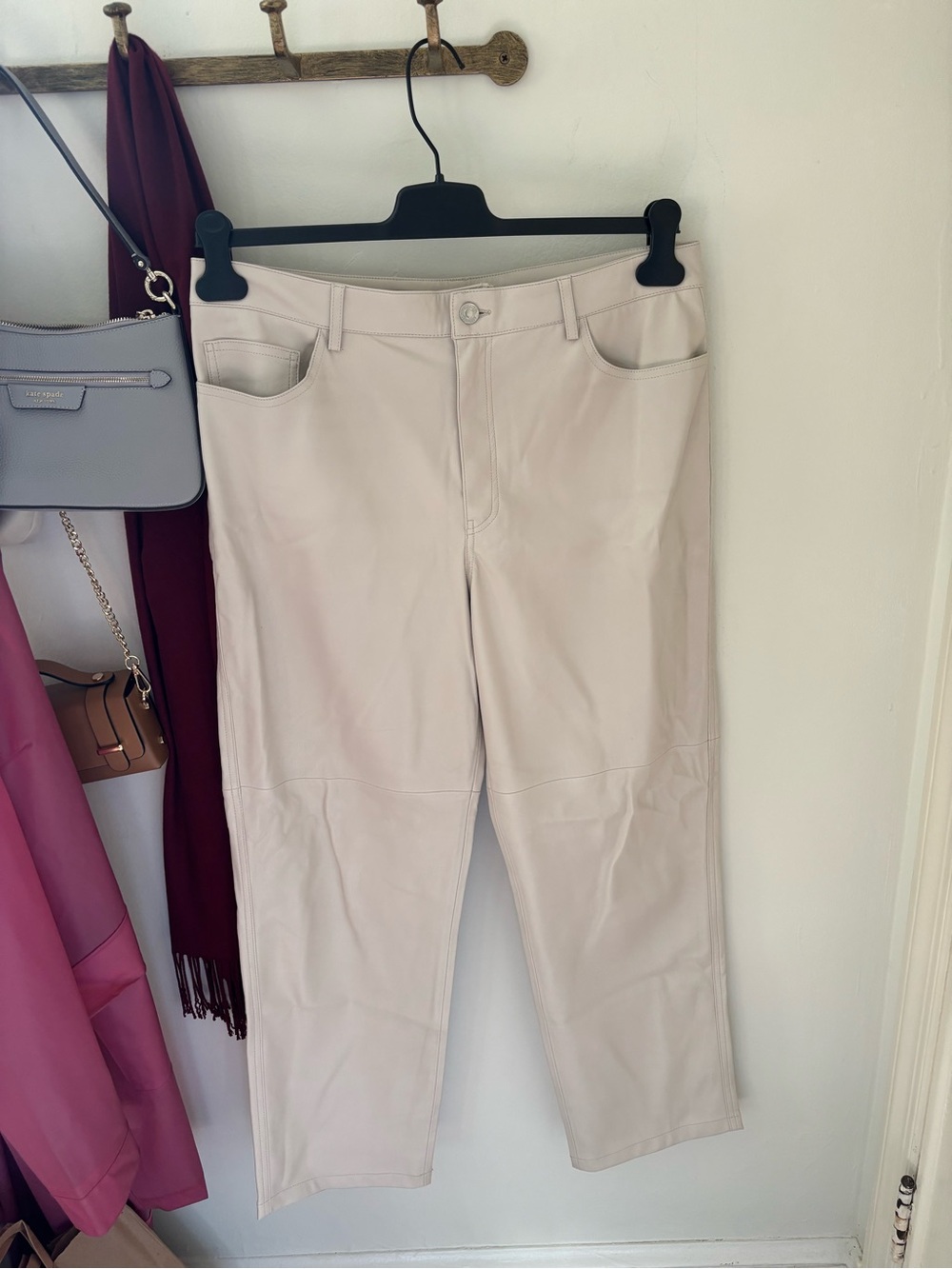 Mango MNG Cream Faux Leather Straight Leg Pants Size 10